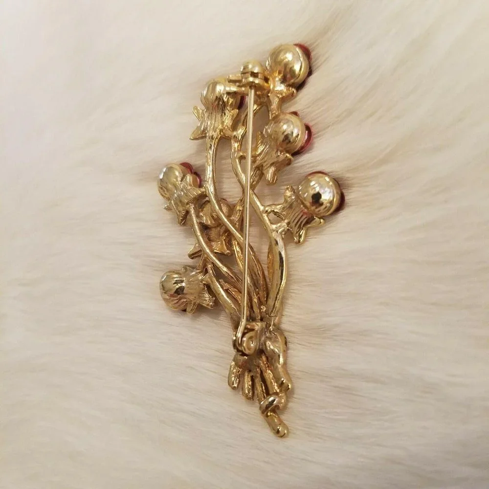 Vintage English Roses Brooch‎ Rhinestone Glitter Enamel Long Stem Floral 2509